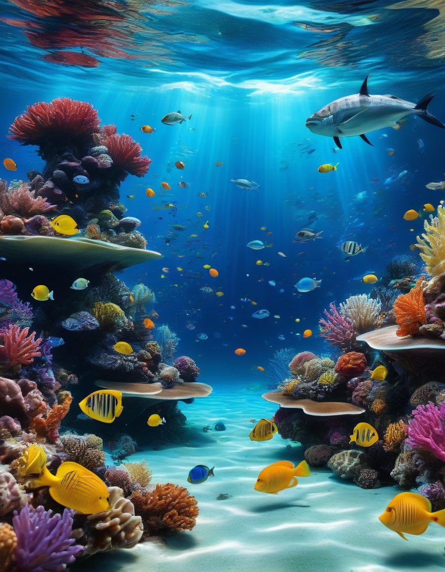 An underwater scene with colorful marine life symbolizing website visitors, swimming towards a digital dashboard with charts and graphs representing key metrics. Include a magnifying glass and data flow visualizations integrating network and ocean elements. super-realistic. vibrant colors. 3D.