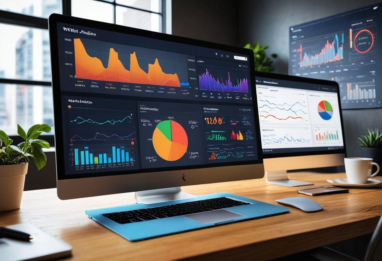 A vibrant digital dashboard filled with charts, graphs, and data metrics illustrating web traffic analysis. Include icons of popular web analytics tools like Google Analytics, heatmaps, and user behavior flow. Depict a diverse group of people collaborating and discussing insights. Super-realistic. Vibrant colors. Modern tech office setting.