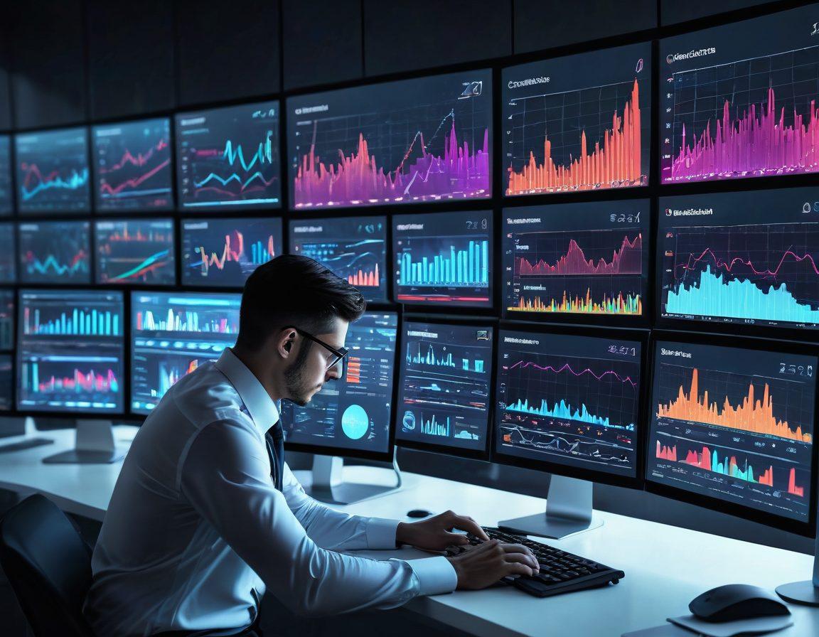 A modern digital dashboard interface filled with dynamic charts, graphs, and analytics tools. A person analyzing data on multiple screens, with interconnected data points flowing into actionable insights. The backdrop shows a sleek office setup, signifying a professional environment. futuristic, 3D, vibrant colors.